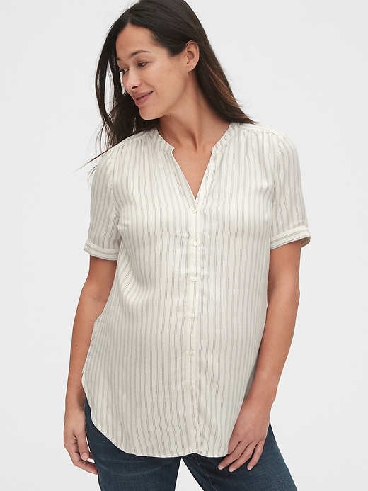 1 of 8 showing, with the color brown stripe of product Maternity Button-Down Shirt