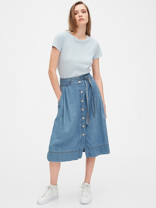 1 of 8 showing, with the color medium wash of product Button-Front Denim Midi Skirt