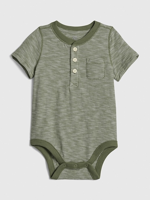 1 of 8 showing, with the color vintage palm of product Baby Short Sleeve Henley Bodysuit