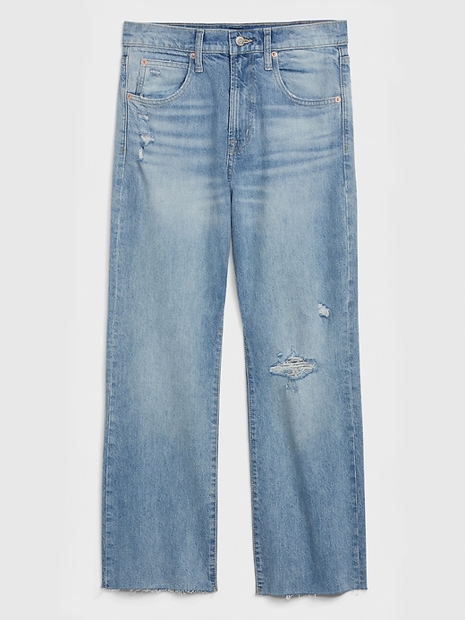 View large product image 1 of 1. High Rise Destructed Crop Ankle Flare Jeans