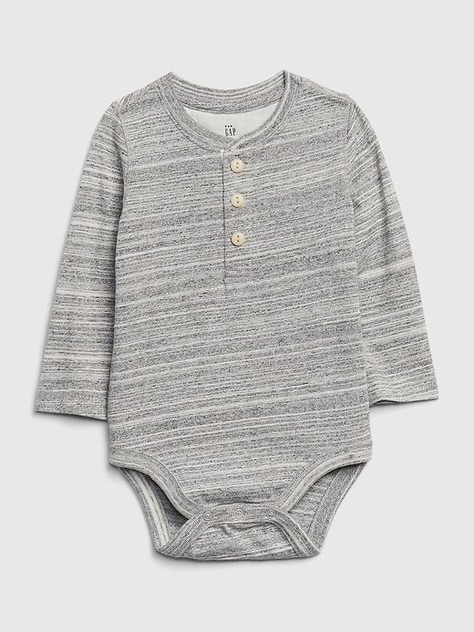 1 of 8 showing, with the color dark heather grey of product Baby Henley Long Sleeve Bodysuit
