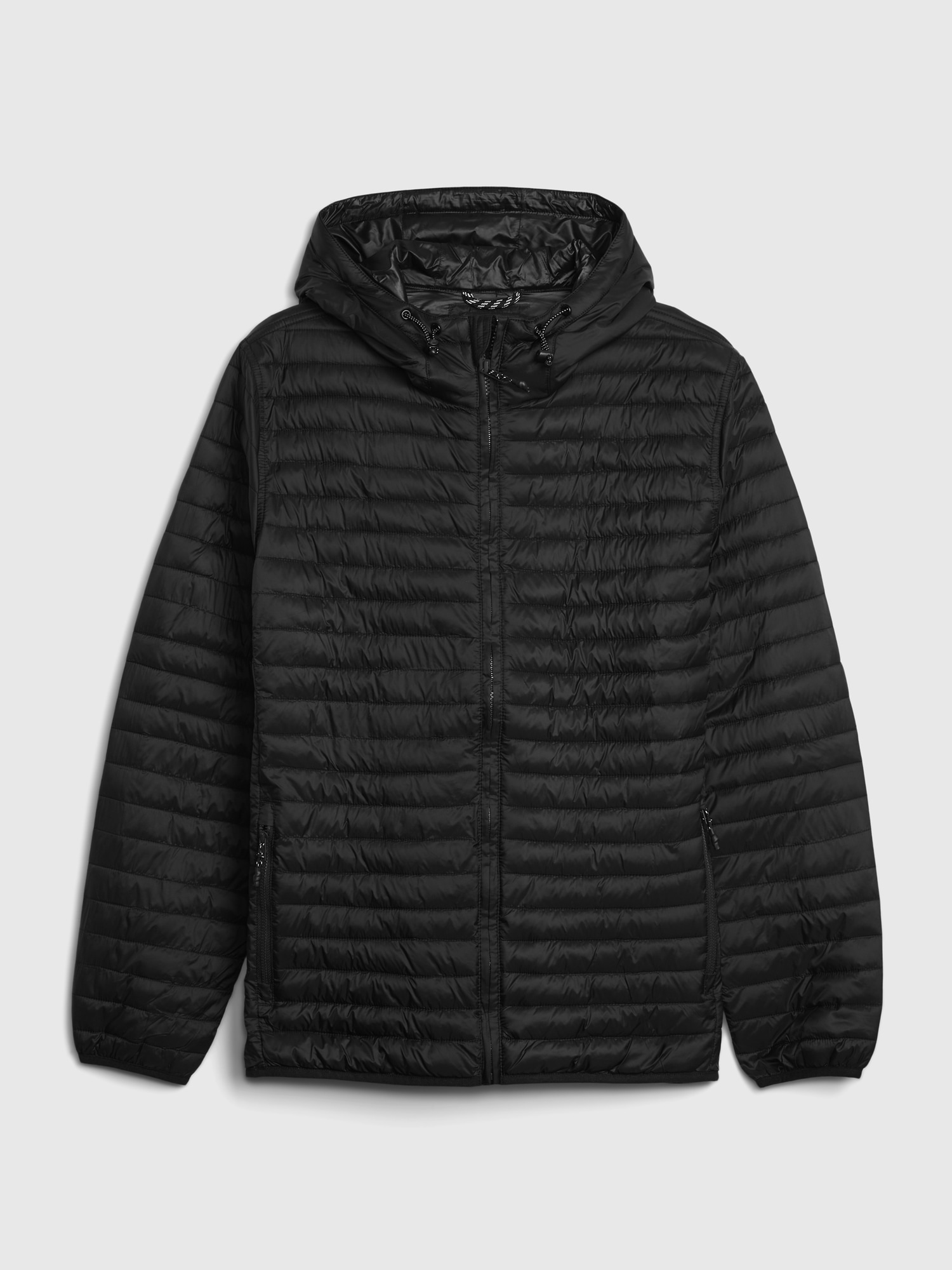 black hooded puffer jacket with funnel neck