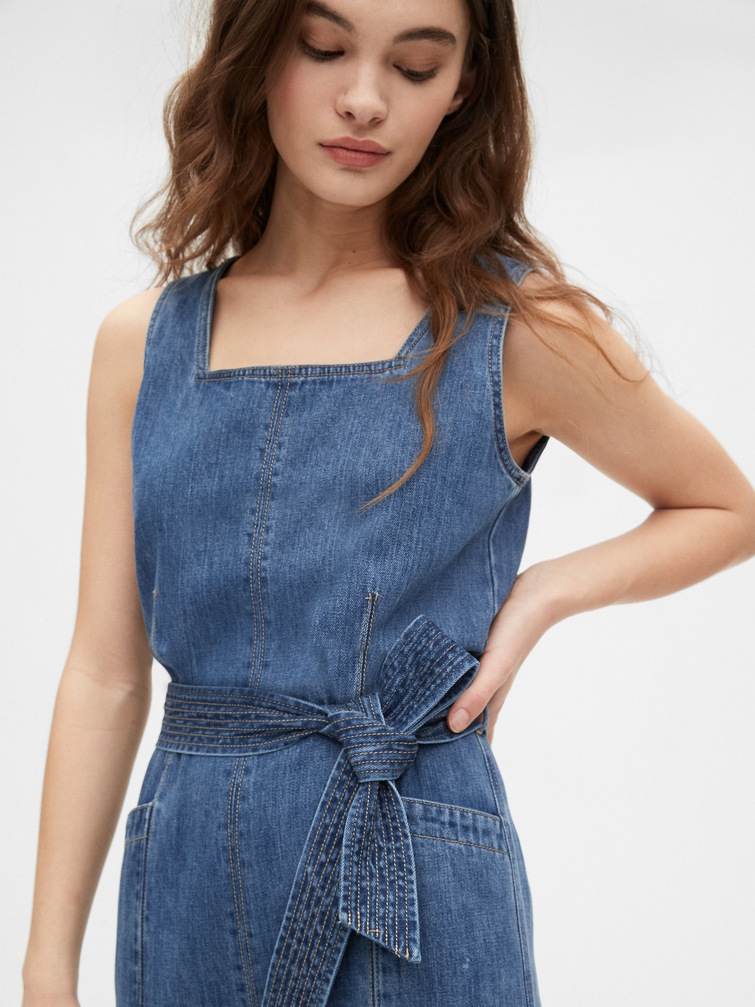 square neck denim jumpsuit