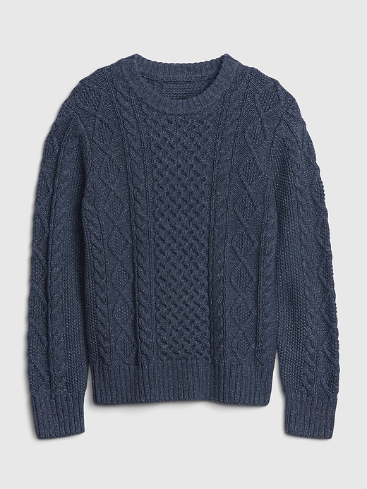 1 of 8 showing, with the color blue indigo of product Kids Cable Knit Crewneck Sweater