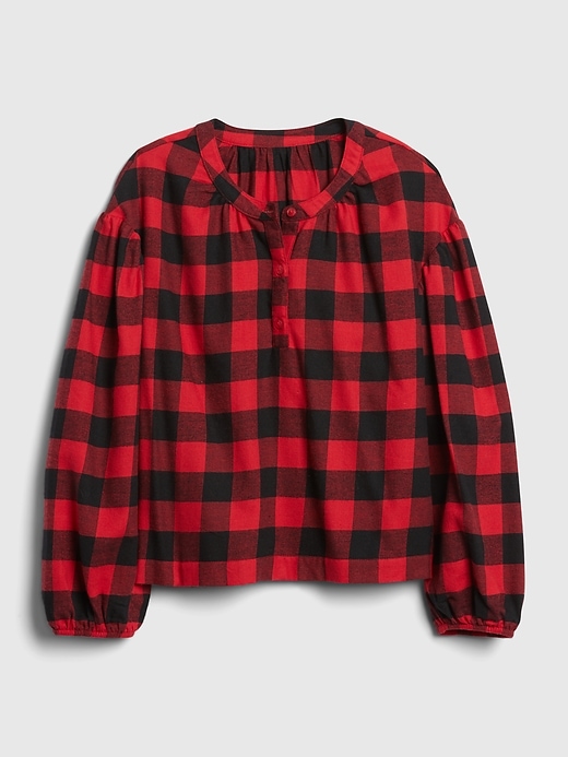 1 of 8 showing, with the color modern red of product Kids Plaid Puff Sleeve Henley Shirt