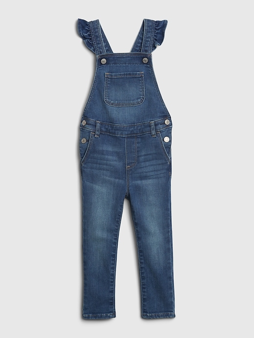 1 of 8 showing, with the color medium wash of product Toddler Denim Ruffle Skinny Overalls with Washwell™