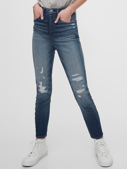 1 of 8 showing, with the color medium indigo of product 1969 Premium Sky High Distressed Skinny Jeans
