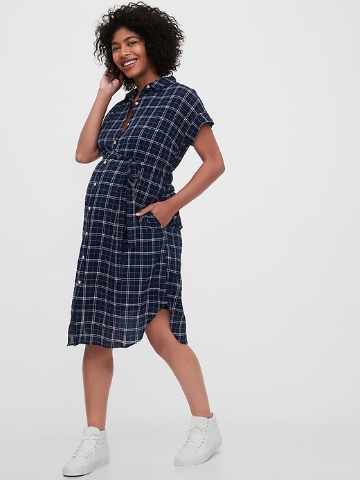 1 of 8 showing, with the color navy plaid of product Maternity Midi Shirtdress With Washwell™