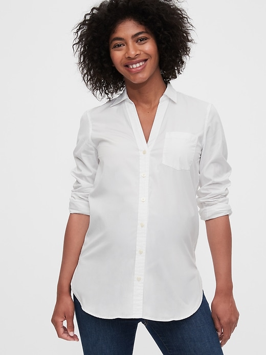 1 of 8 showing, with the color optic white of product Maternity Poplin Shirt
