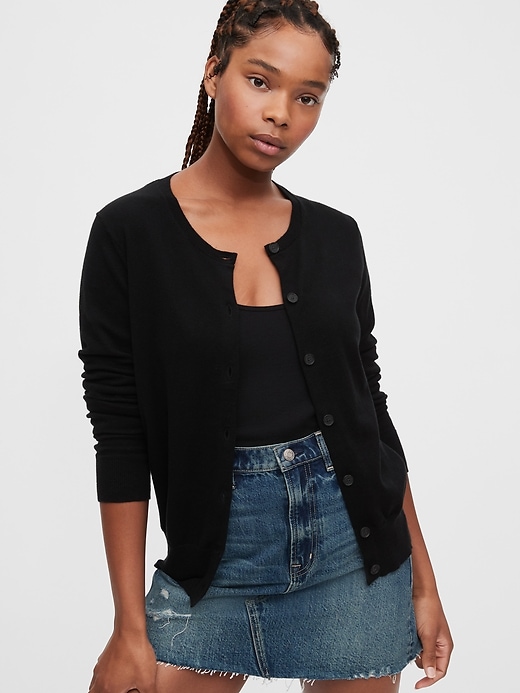 1 of 8 showing, with the color true black of product Button-Front Cardigan