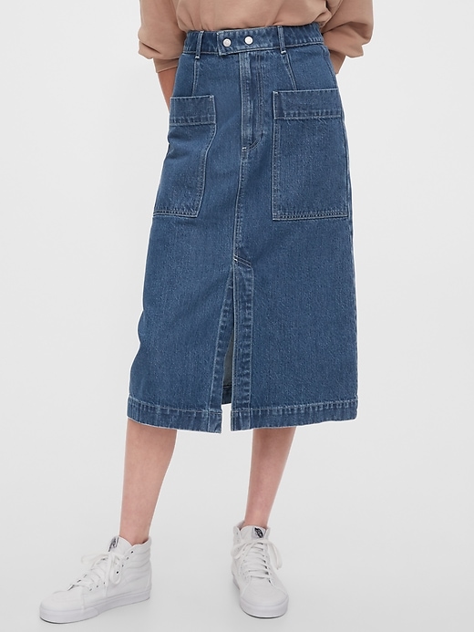 1 of 8 showing, with the color medium wash of product A-line Denim Midi Skirt