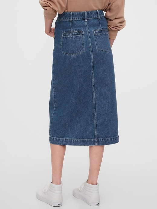 2 of 8 showing, with the color medium wash of product A-line Denim Midi Skirt