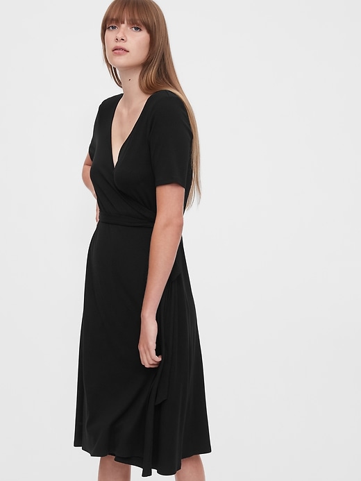 1 of 8 showing, with the color true black of product Front Wrap Midi Dress