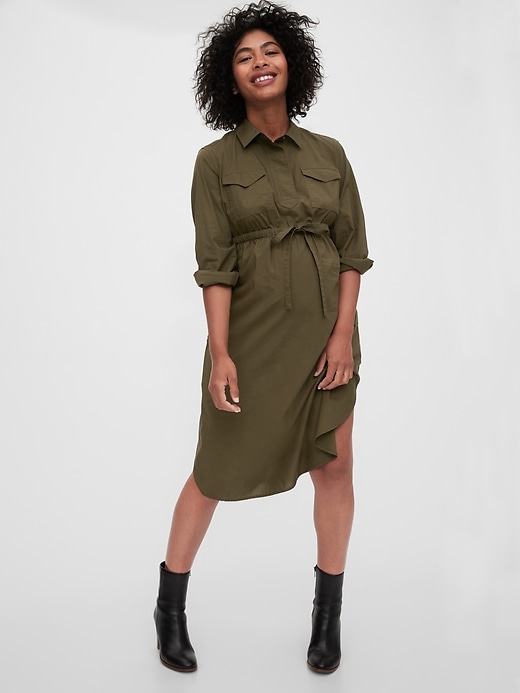1 of 8 showing, with the color ripe olive of product Maternity Utility Shirtdress