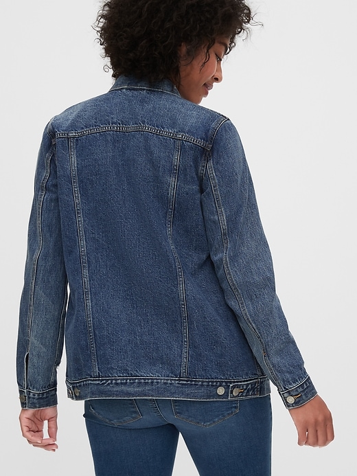 2 of 8 showing, with the color medium indigo of product Maternity Icon Distressed Denim Jacket With Washwell™