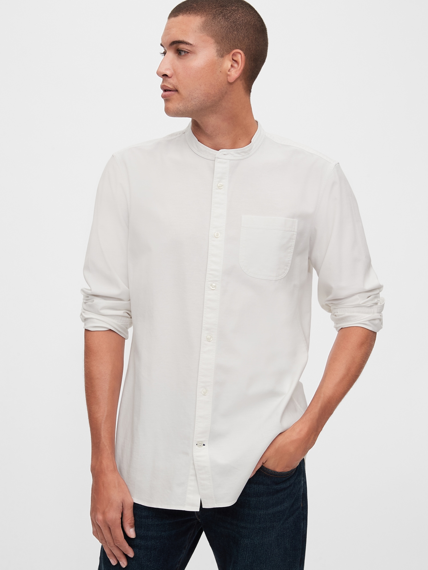 Black linen chinese collar Shirt with chest pocket