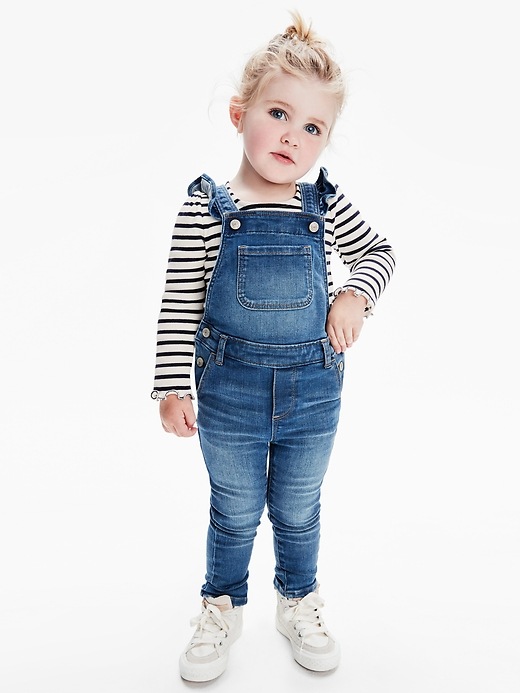 Image number 4 showing, Toddler Denim Ruffle Skinny Overalls with Washwell&#153