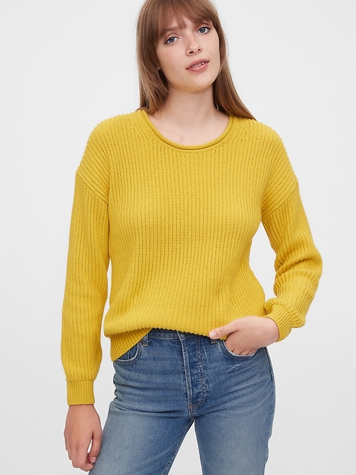 1 of 8 showing, with the color solar flare yellow of product Relaxed Rollneck Shaker Sweater