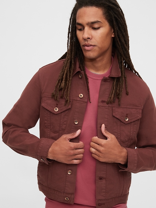 1 of 8 showing, with the color burgundy of product Icon Denim Jacket