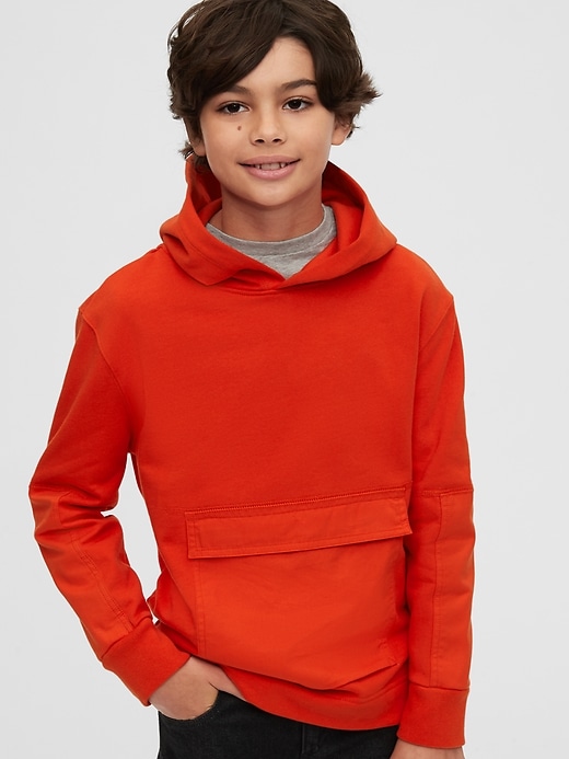2 of 8 showing, with the color grenadine orange of product Kids Woven Trim Hoodie