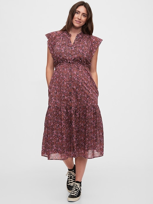 1 of 8 showing, with the color burgundy print of product Flutter Midi Dress