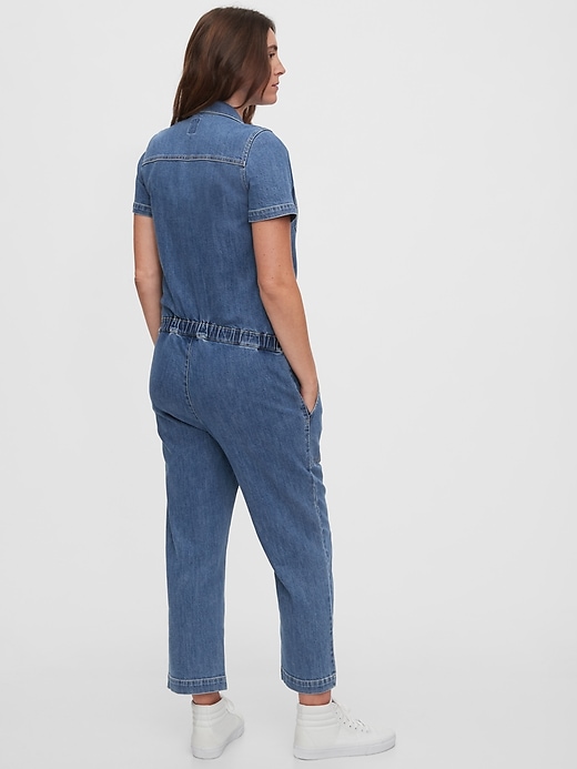 2 of 8 showing, with the color medium indigo of product Maternity LENZING™ ECOVERO™ Utility Jumpsuit