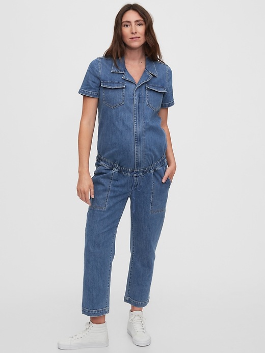 1 of 8 showing, with the color medium indigo of product Maternity LENZING™ ECOVERO™ Utility Jumpsuit