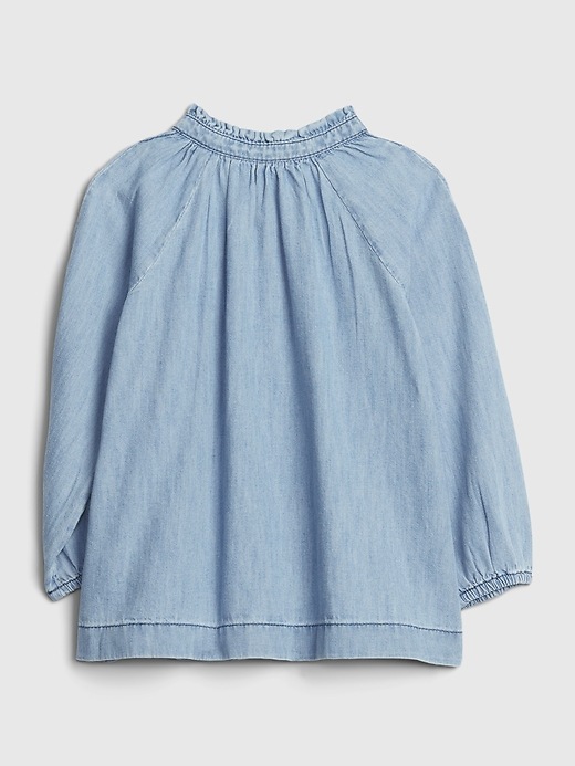 2 of 8 showing, with the color light wash of product Toddler Denim Ruffle Top.