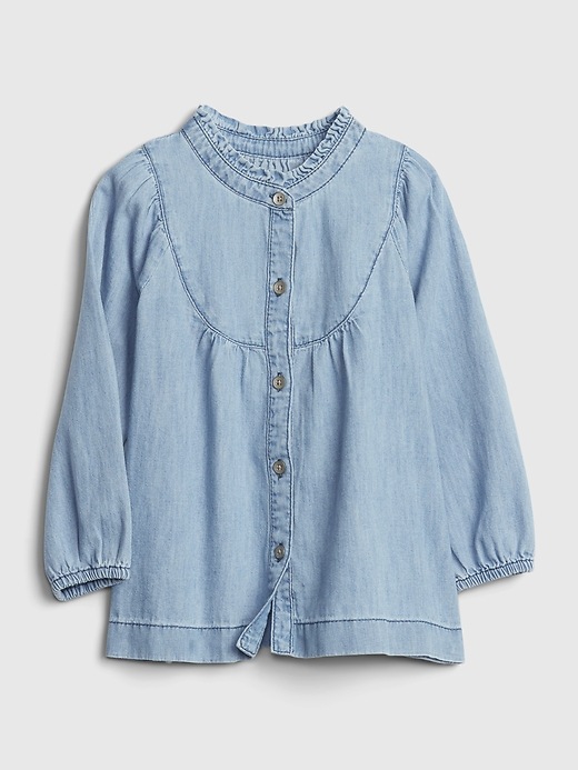 1 of 8 showing, with the color light wash of product Toddler Denim Ruffle Top.