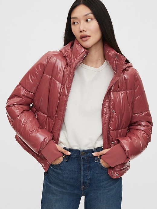 1 of 8 showing, with the color cosmetic pink of product Upcycled Cropped Midweight Puffer Jacket