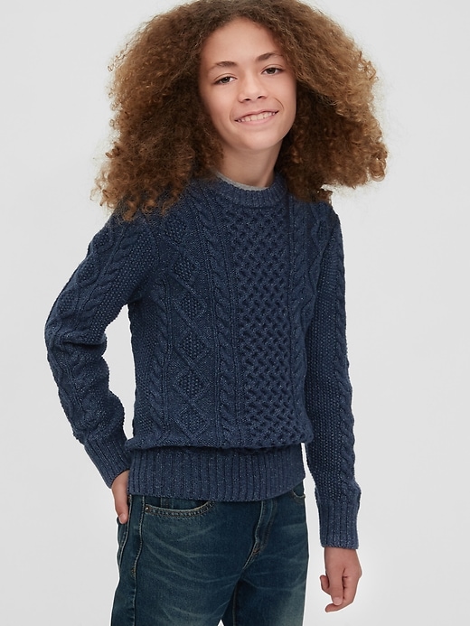 2 of 8 showing, with the color blue indigo of product Kids Cable Knit Crewneck Sweater