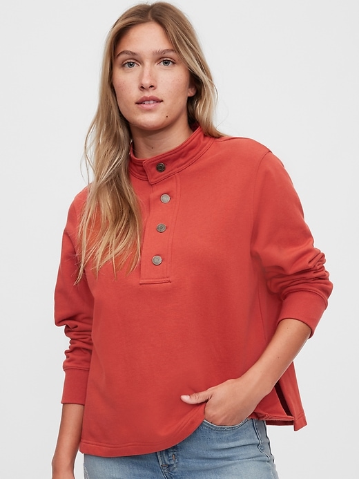 1 of 8 showing, with the color red hot sauce of product Workforce Collection Vintage Soft Button-Front Turtleneck Sweatshirt
