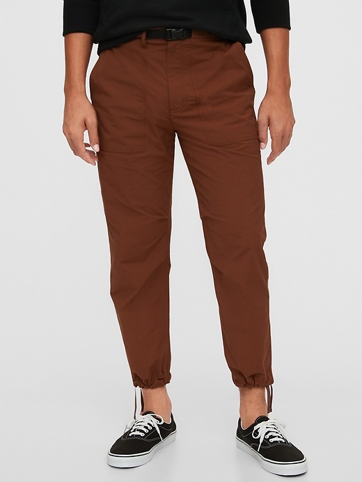 1 of 8 showing, with the color sable brown of product Belted Hybrid Joggers