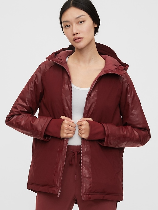 1 of 8 showing, with the color shiraz red of product GapFit Upcycled Puffer Jacket