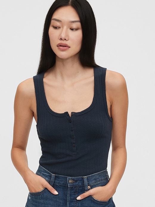View large product image 1 of 1. Sleeveless Ribbed Henley Top