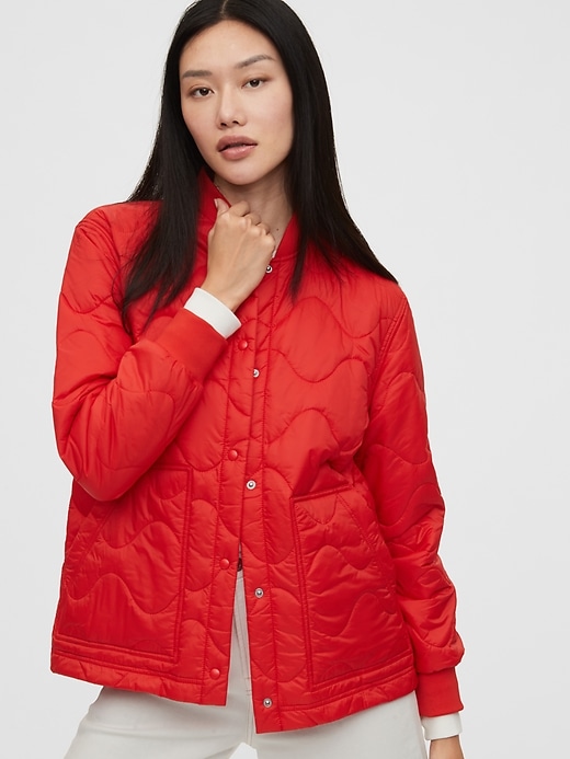 1 of 8 showing, with the color vermillion red of product Upcycled Quilted Puffer Jacket