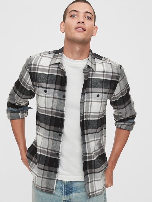 1 of 8 showing, with the color black plaid of product Pocket Flannel Shirt in Standard Fit