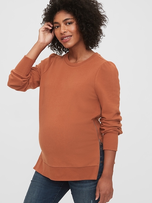 Image number 1 showing, Maternity Nursing Side-Zip Puff Sleeve Sweatshirt