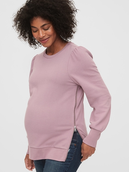 View large product image 1 of 1. Maternity Nursing Side-Zip Puff Sleeve Sweatshirt