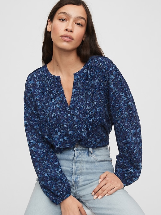 1 of 8 showing, with the color blue floral of product Pintuck Popover Top