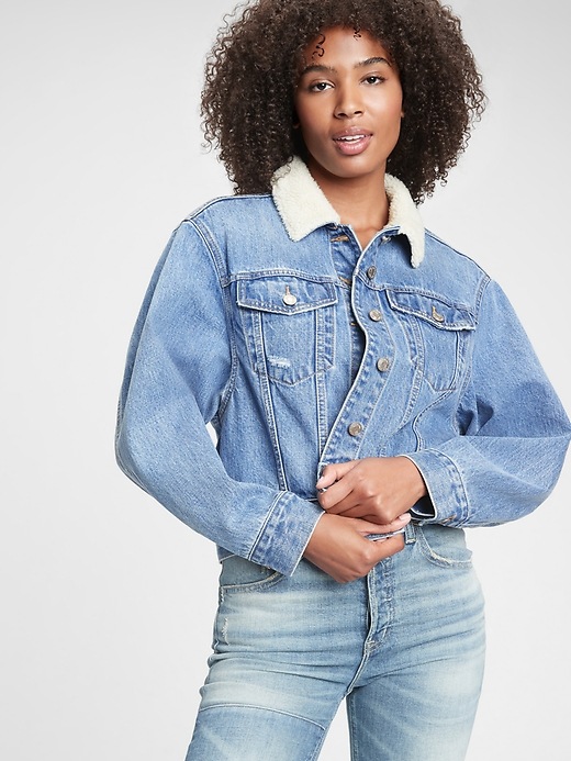 1 of 8 showing, with the color medium indigo of product Dolman Denim Sherpa Icon Jacket