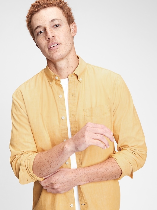 1 of 8 showing, with the color gold pendant of product Chambray Shirt in Untucked Fit