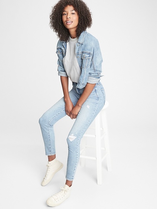 1 of 8 showing, with the color light indigo destroy of product High Rise Distressed True Skinny Jeans with Secret Smoothing Pockets