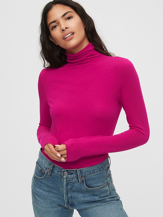 1 of 8 showing, with the color bright beet purple of product Fitted Funnel-Neck T-Shirt