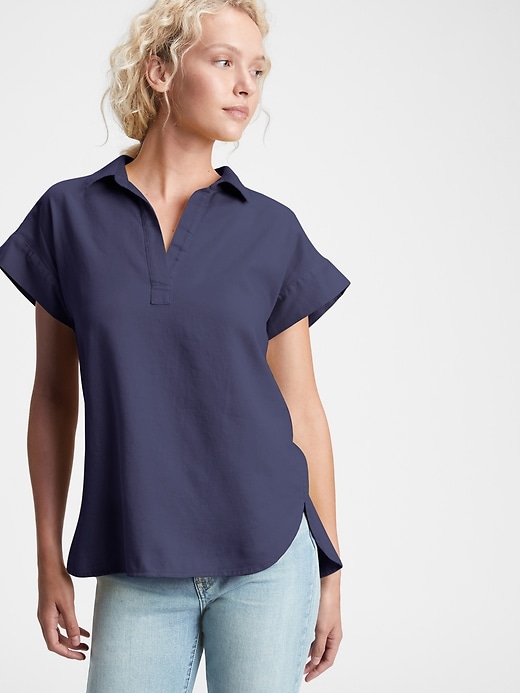 1 of 8 showing, with the color navy blue of product Collared Popover Top