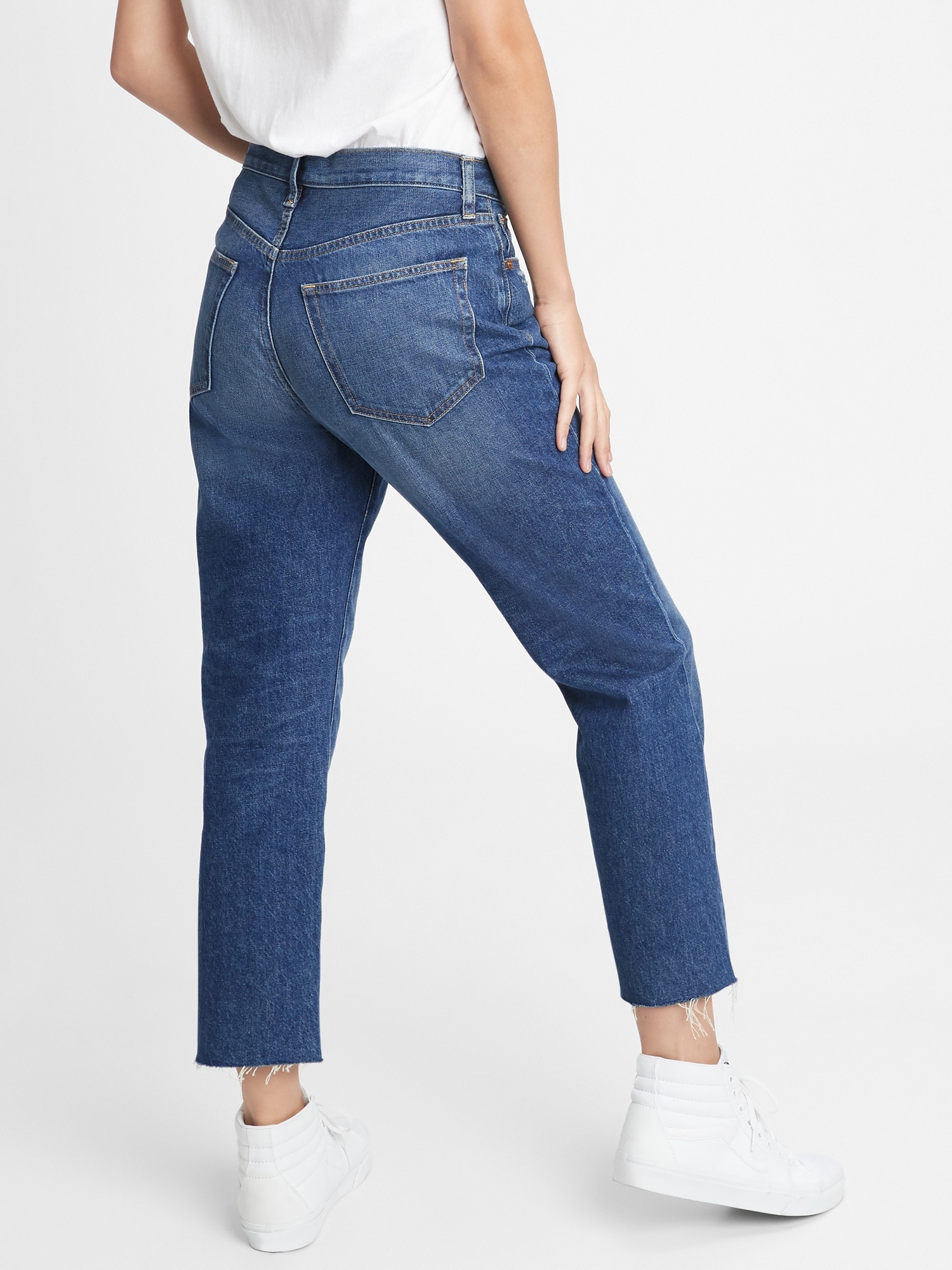 mid rise boyfriend jeans with raw hem