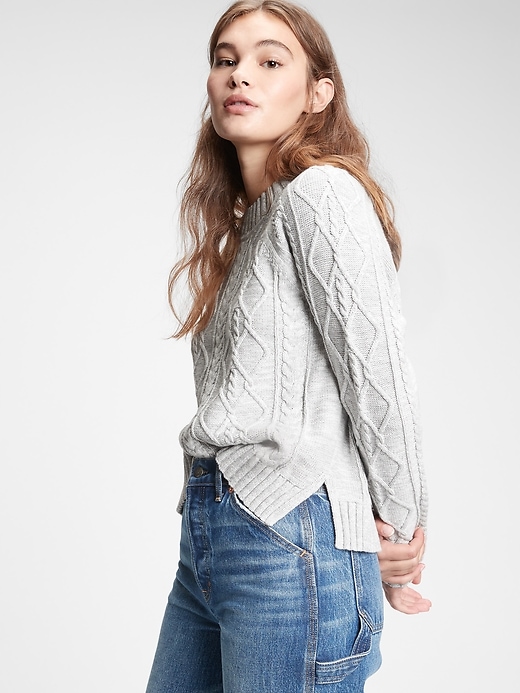 1 of 8 showing, with the color light heather grey of product Cable Knit Crewneck Sweater