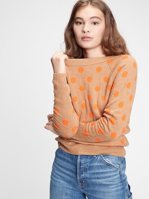 1 of 8 showing, with the color oatmeal beige & orange dot of product Dotty Boatneck Sweater