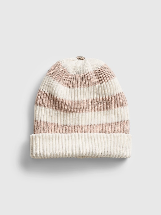 2 of 8 showing, with the color ivory & taupe beige stripe of product Reversible Pom Beanie