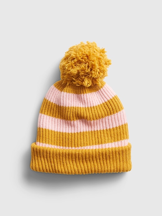 1 of 8 showing, with the color pink & gold stripe of product Reversible Pom Beanie